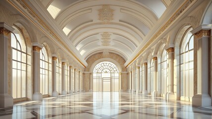 Sunlit Grand Hallway, Marble Floor, Palace