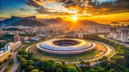 Papier peint photo  Aerial view of Maracana Stadium in Rio De Janeiro during sunset with the surrounding landscape and skyscrapers in the background, sunset, cityscape  © Watcharapon