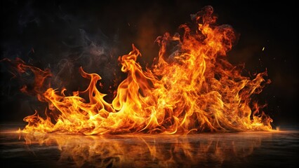 Fiery inferno dancing on a dark canvas , black background, molten lava