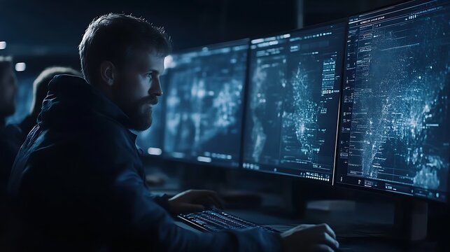 Hacker monitoring global network activity on multiple computer screens.