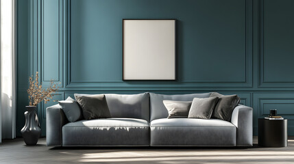 Modern living room with teal accents, clean design, and soft natural light.