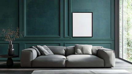 Living room with teal walls, minimalist furniture, and soft natural light.