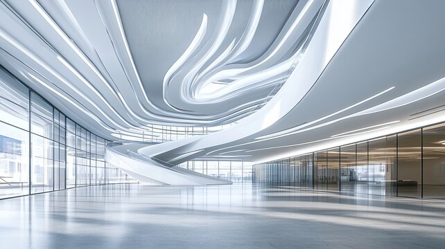 Modern building lobby;  futuristic stair; city view