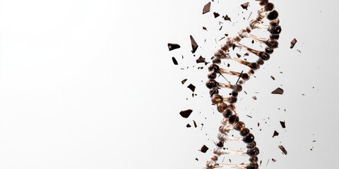 A DNA helix appears fragmented, symbolizing the complexity and intricacies of genetics and molecular biology.