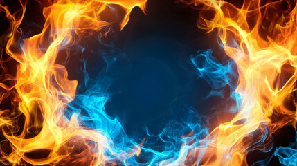 Fototapeta premium Abstract ring with yellow and blue fire flames on black background. Realistic 3d vector set of cold and hot fireball frame. Fiery circle border with blaze and glow effect. Round burning boundary.