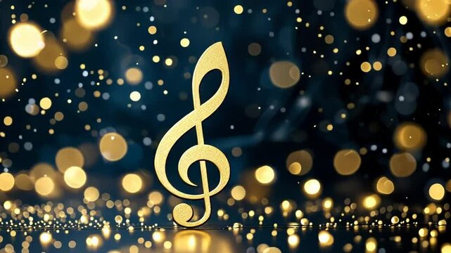 It depicts a golden musical symbol in the form of an eighth note against a background of abstract gold and luminous elements.