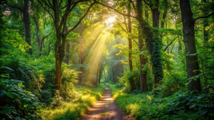 Fototapeta premium Overgrown dirt path through dense foliage and tall trees surrounded by vibrant greenery and sunlight filtering through leaves , forest walk, serene landscape