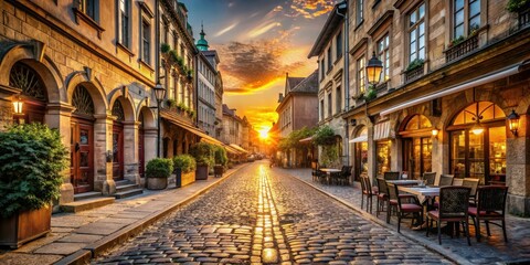 Obraz premium Ancient stone streets lined with historic buildings and cafes, with a warm glow of sunset in the background