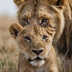 Obraz premium A lion cub following its mother, white background.