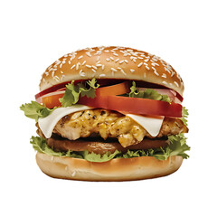 Delicious BBQ Chicken Burger with Fresh Lettuce, Tomato, Onion, and Melted Cheese on Transparent Background