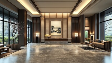 Obraz premium Luxurious hotel lobby reception, serene garden view