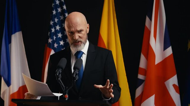 Angry male prime minister delivers a strong speech at an international summit