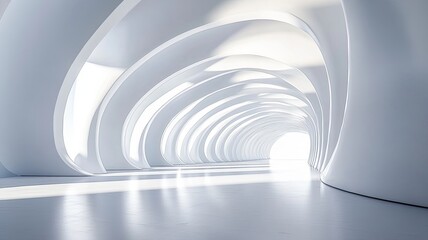 Fototapeta premium Futuristic white arched hallway, light at end