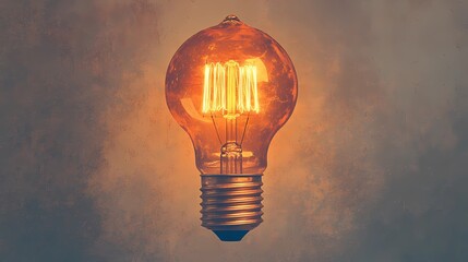 Classic glass incandescent bulb with visible filament, radiating soft light, representing creative energy, style book illustration