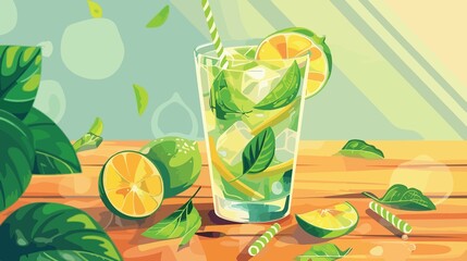 Refreshing Mojito Cocktail on Natural Wooden Table with Fresh Citrus Fruit