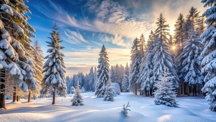 Fototapeta premium Snowy forest landscape with trees covered in fresh snow, serene and peaceful atmosphere, calm, woodland, calm