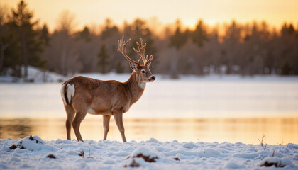 Obraz premium Male deer standing on snowy shore at sunset near frozen lake with warm light