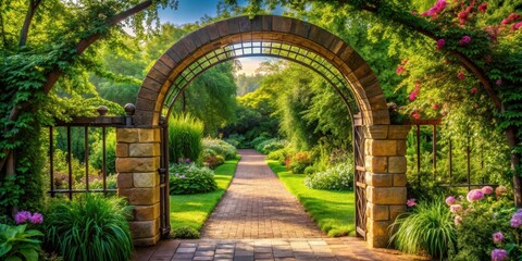 Fototapeta premium Archway Entrance to Serene Garden Oasis, outdoor haven, outdoors, outdoor haven