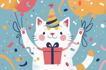 Obraz premium Festive cat celebrating with balloons and confetti