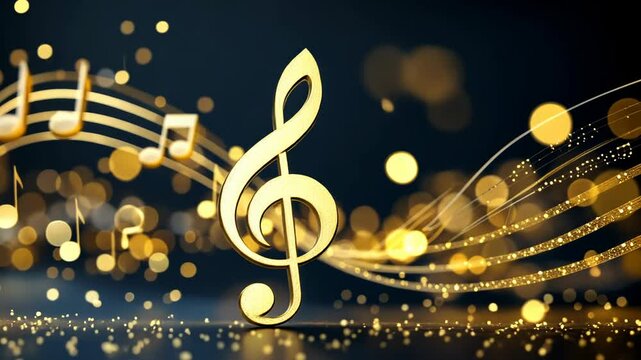 It depicts a golden musical symbol in the form of an eighth note against a background of abstract gold and luminous elements. The background is dark, with lots of glowing dots and lines creating the e