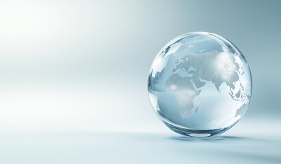 Glass globe with etched world map on light background.