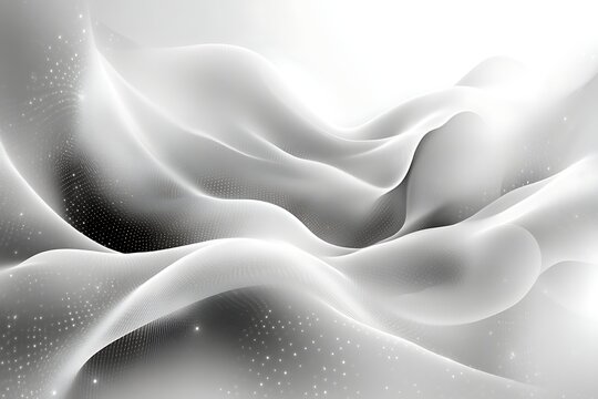 Abstract grayscale flowing waves with subtle particle effects.