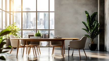 Fototapeta premium A sophisticated office with large windows and a city view.