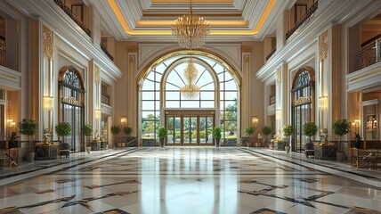 Fototapeta premium Grand hotel lobby, sunlight, marble floor, luxury