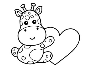 Valentine Day Giraffe Holding Heart Line Art