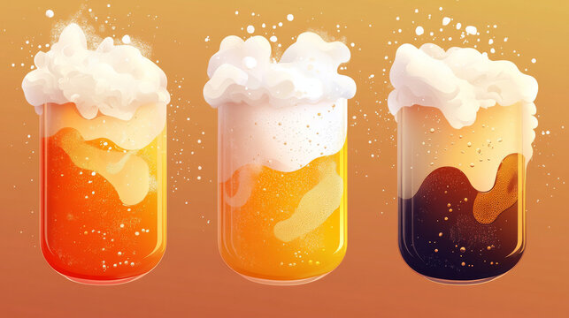 Beer with bubbles and foam background. Vector realistic illustration of lager texture in glass with flowing white froth. Banner with orange fizzy brewery drink for bar, Beer day or Octoberfest