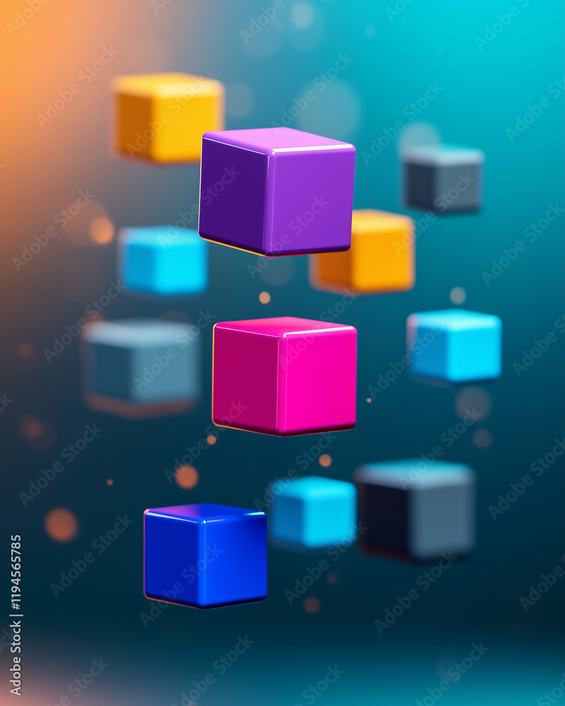 Poster colorful 3d cubes floating in space with vibrant background and bokeh effect