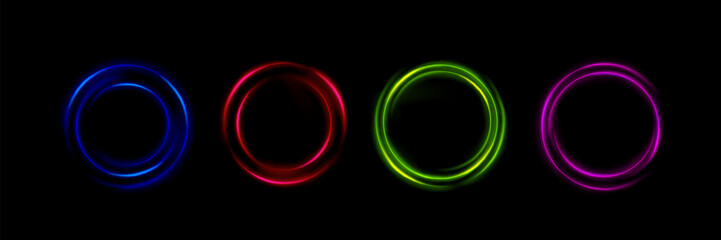 Neon ring collection - luminous circular frames in blue, red, green and pink colors. Glowing lined geometric shapes with sparkle effect on dark background. Futuristic interface design elements.