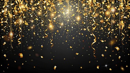 Vibrant confetti falls from the sky amidst a dark and elegant black background, with delicate gold streamers suspended in mid-air, gradient, celebration