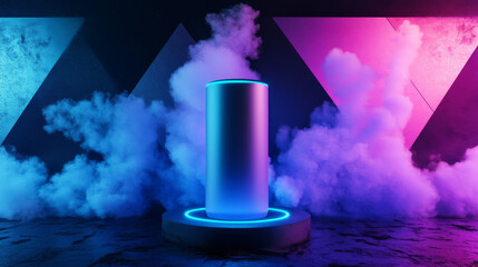 Cylinder flying podium with neon glowing abstract geometric shapes on wall and smoke clouds. Realistic 3d vector illustration of purple and blue luminous hi tech product platform on dark background.