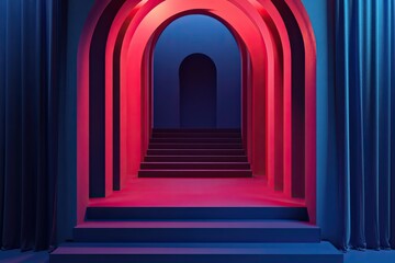 Fototapeta premium Neon Archway Stage, Steps, Blue, Red, Backdrop