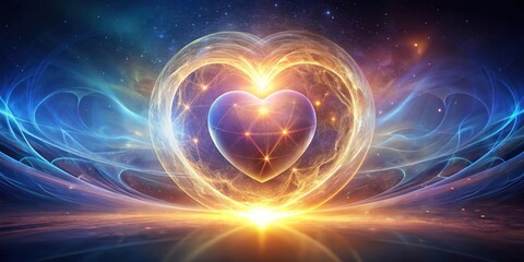 A mystical, glowing orb suspended in mid-air surrounded by swirling wisps of ethereal energy forming a divine heart shape