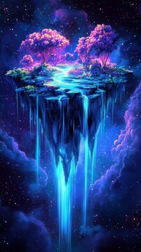Floating sifi island glowing with fluorescent streams
