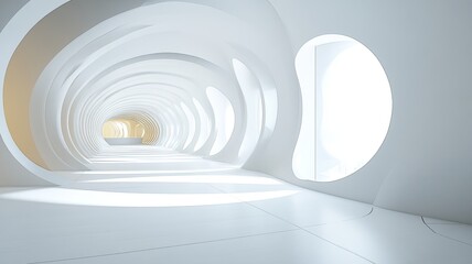 Obraz premium Futuristic white tunnel, bright interior, windows, architectural design, concept art