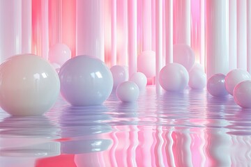 Pastel spheres reflecting in pink liquid, digital art