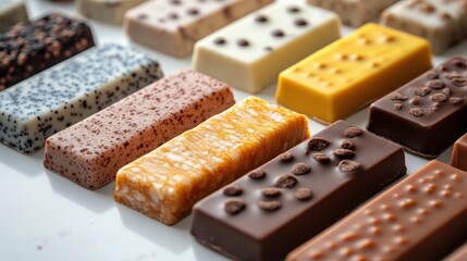 Assorted protein bars on display: delicious variety in healthy snacks