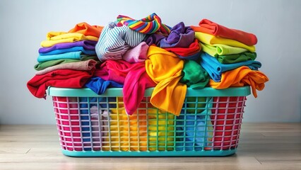 Vibrant laundry basket overflowing with a rainbow of brightly colored clothing items including t-shirts dresses and socks in various patterns and textures, laundry, rainbow