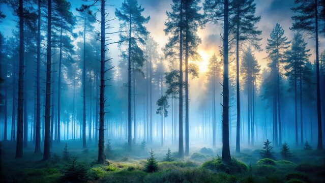 Moody forest at dusk with tall trees and misty fog, mist, twilight