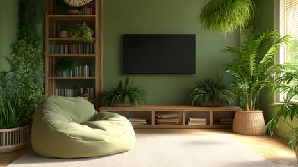 A warm, cozy living space with large plants and soft lighting.