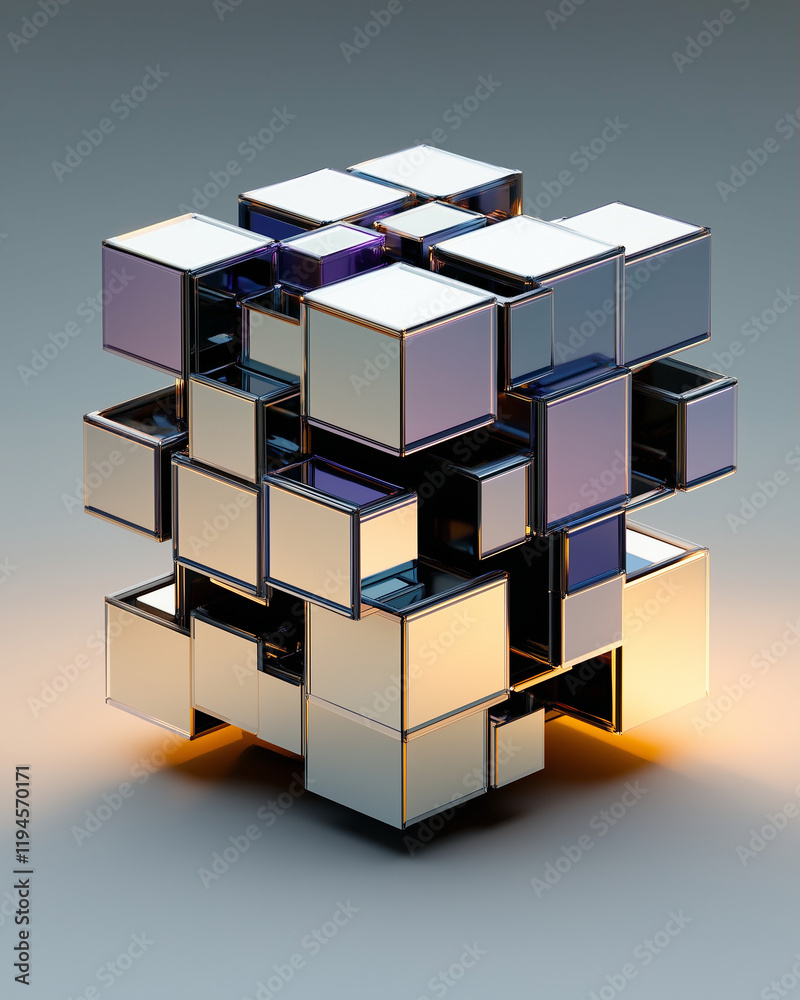 Poster 3d cube structure graphic element design in modern style with shiny reflective surfaces