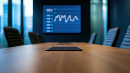 Boardroom Ready:  An empty conference room with a sleek wooden table and comfortable chairs, a large screen displaying financial data in the background.