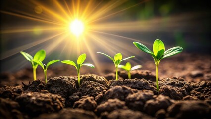 Fototapeta premium Fresh green sprouts growing in a dark soil with sunlight peeking through a small crack, soil, vegetation, soil, vegetation