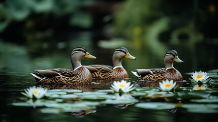 Three Mallards on a Serene Pond