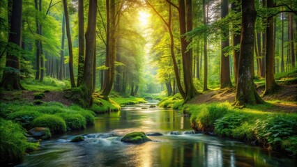 Obraz premium A tranquil forest scene with a gentle stream flowing through the underbrush surrounded by vibrant greenery and towering trees , tree surroundings, water flow