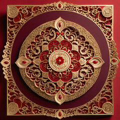Mughal-style wedding invitation with a floral medallion centerpiece surrounded