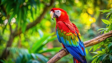 Vibrant green winged macaw with bright plumage sitting on a tree branch , bird perched, lush foliage